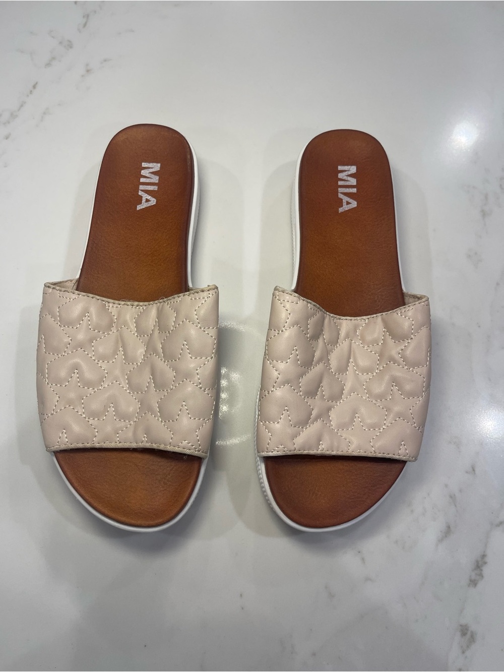 MIA Quilted Slide Wedge Sandals in Light Beige